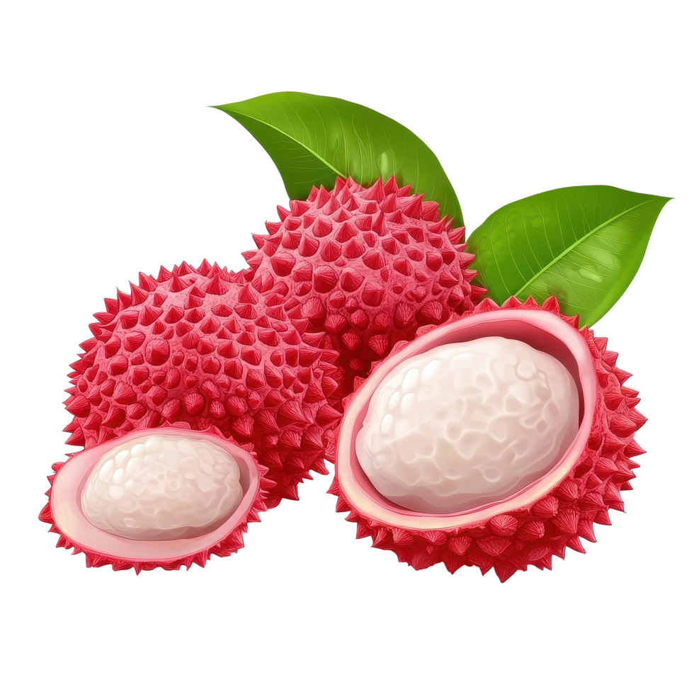 Fresh lychee fruit displayed on a transparent Transparent background with green leaves, Lychee isolated on trnsparent background png