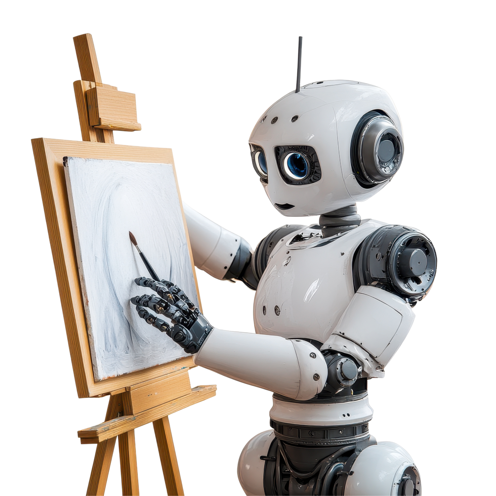 Robot creates artwork on easel in a bright studio environment, Robot Holding Painting on Easel. Transparent background png