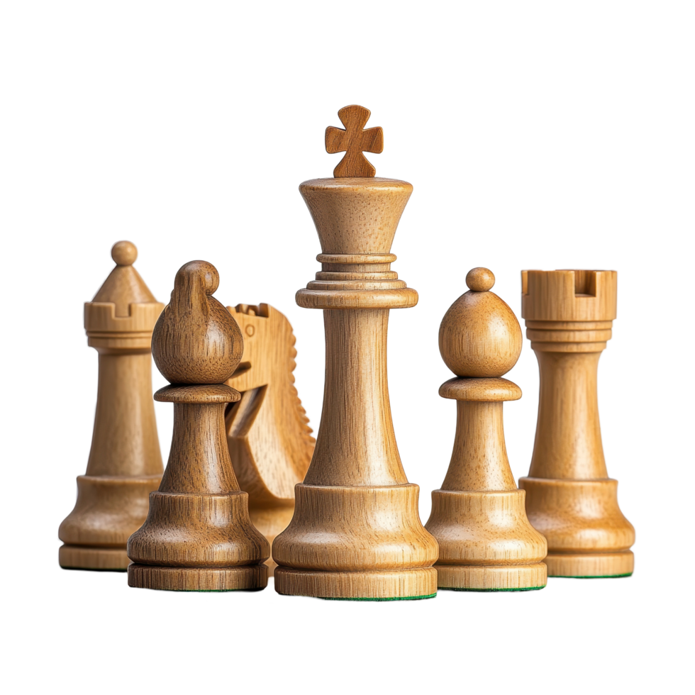 Elegant wooden chess figures arranged on a classic chessboard with Transparent background, Wooden chess figures on a classic chessboard background png