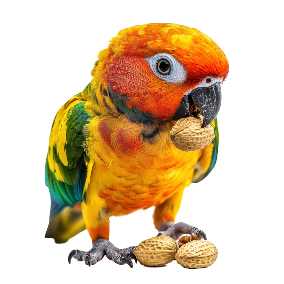 Colorful Sun Conure parrot enjoying peanuts in a playful moment indoors, Closeup brightly colored Sun Conure parrot eating nuts isolated on Transparent background png