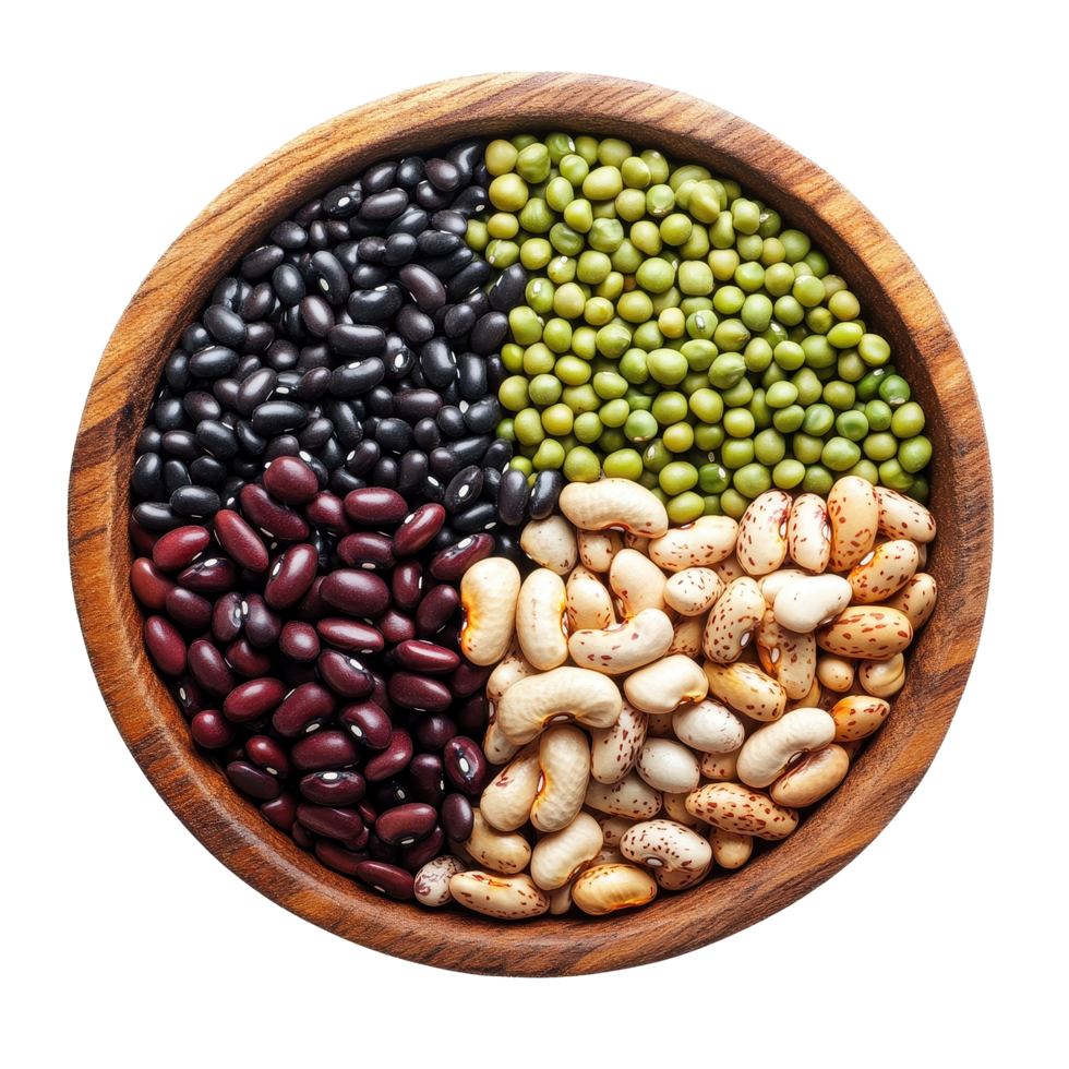 Variety of colorful beans in a wooden bowl showcasing healthy nutrition options, peanuts, black beans, mung beans, in wood bowl isolated on Transparent background png