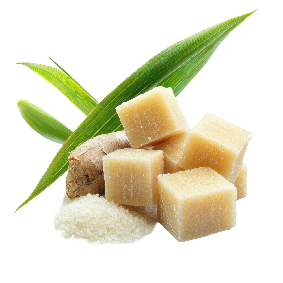 Sugarcane stalk and cubes on a Transparent background with green leaves highlighting natural sweetness, sugarcane and sugar cube isolated on background png