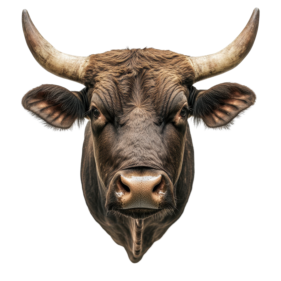 Bull face shot showcasing detailed features on a plain white background for artistic and educational purposes, bull face shotisolated on white background png