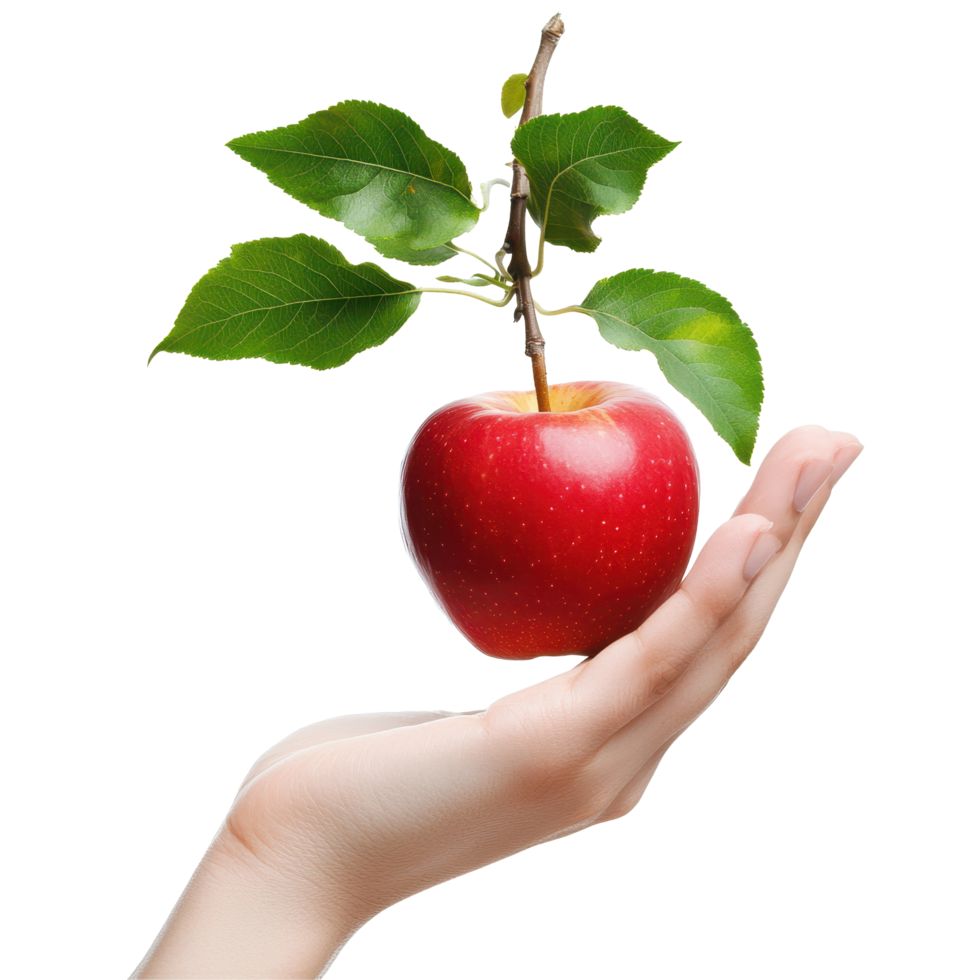 Holding a fresh red apple with leaves and a branch in an open hand, hand holding an apple with leaves and a branch, white background png