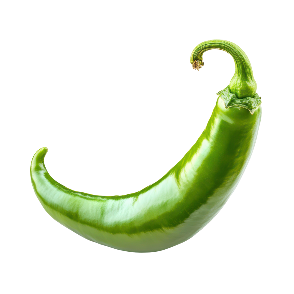 Vibrant green chili pepper isolated on white background showcasing its smooth texture and curved shape, Green chili pepper isolated on white background png