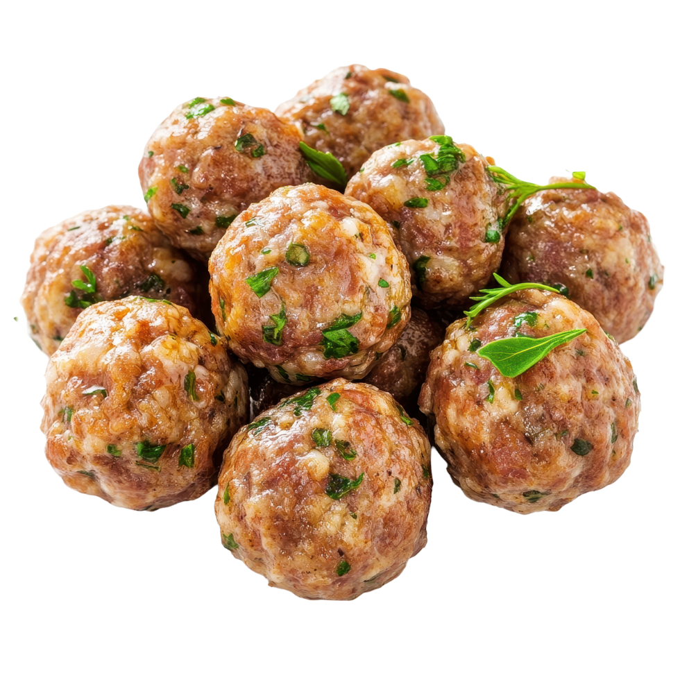 Delicious meatballs piled high on a white surface ready for serving with garnishes, Meatballs isolated on Transparent background png
