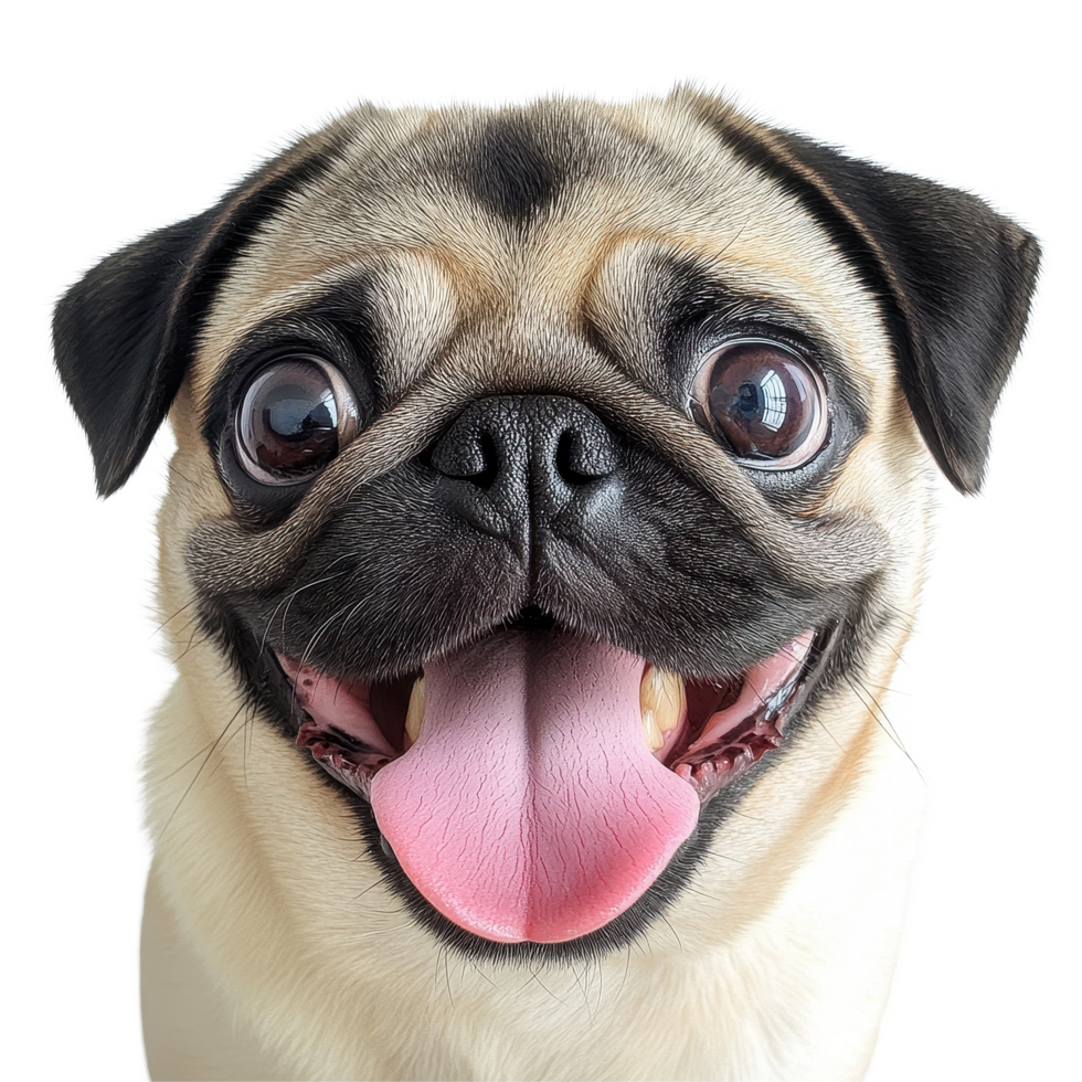 Cute pug dog with a joyful expression and a pink tongue in a lightcolored setting, dog pug little dog dogs head dog muzzle with pink tongue png