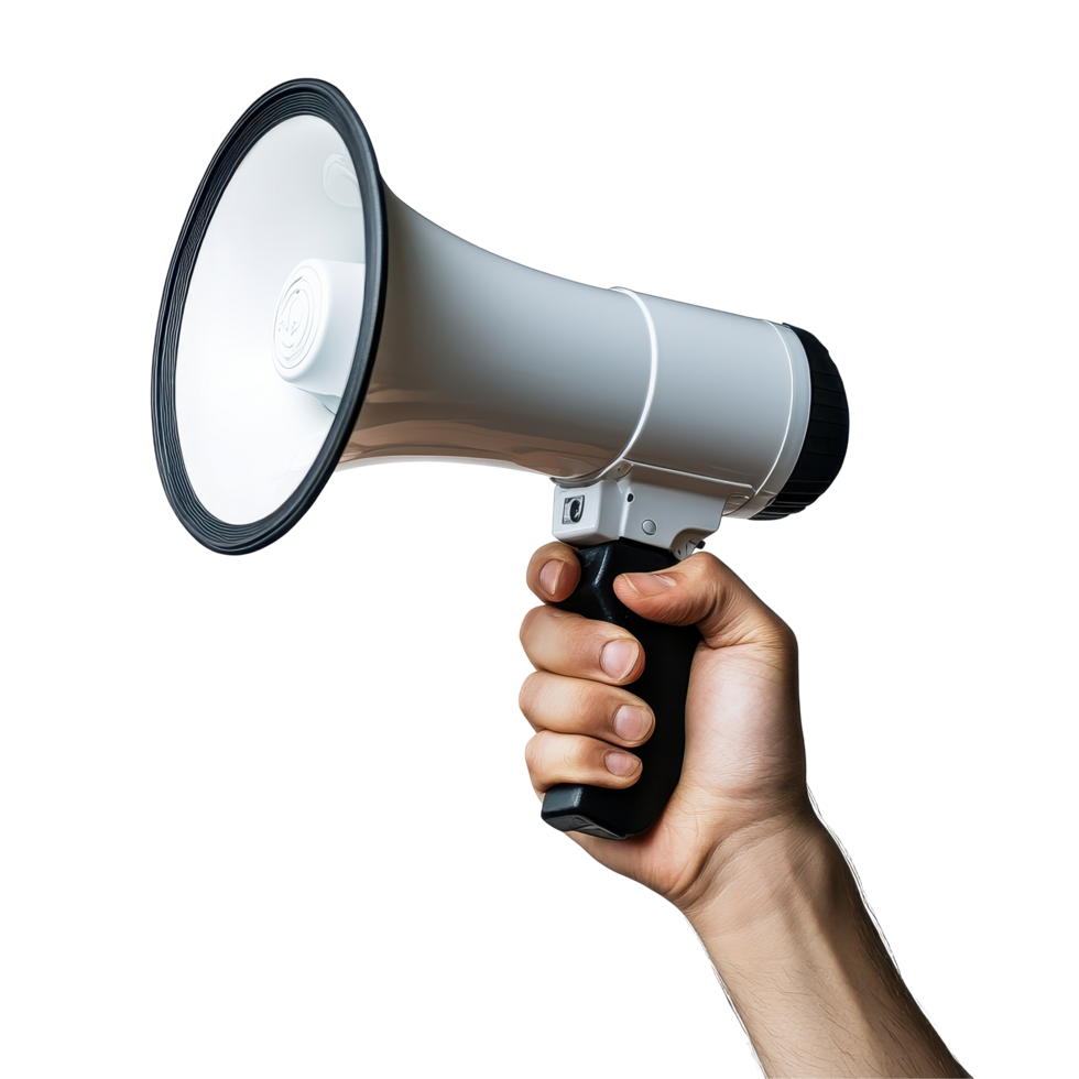 Hand holds a megaphone signaling an important announcement during a public event, Hand Holding a Megaphone Publicity Alert, white background png