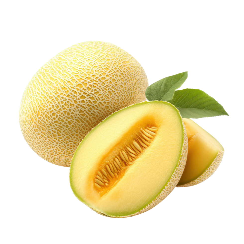 Fresh yellow melon sliced open against a clean Transparent background, showcasing vibrant fruit and green leaves, yellow melon on background png