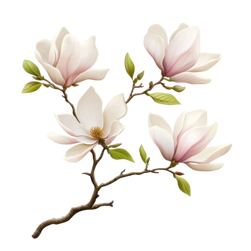Delicate magnolia branch featuring soft blooms and green leaves on a white background, branch of magnolia flowersfile of isolated object on White background png