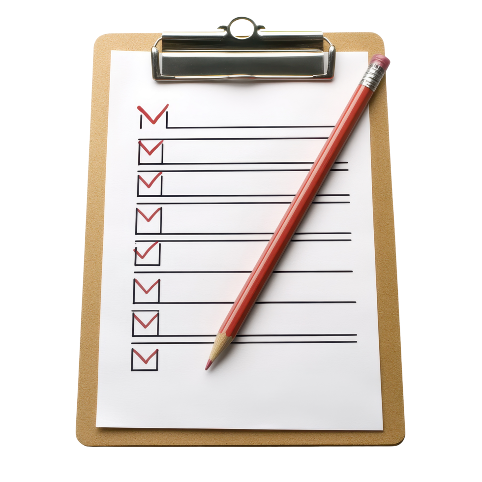 Organizing tasks with a checklist and pencil on a clipboard, perfect for planning and productivity, Checklist clipboard pencil isolated plan organization paper png