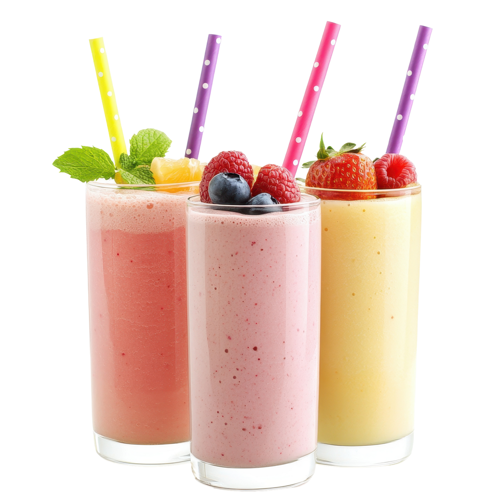 Refreshing fruit smoothies with colorful straws on a white background, Fruit Smoothies with Straws Isolated on a White Background png
