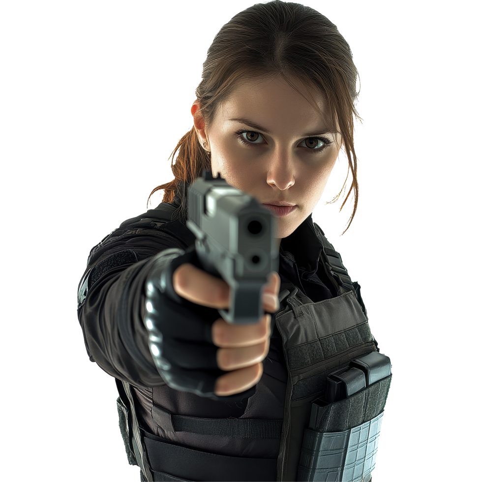 Female agent in tactical outfit holding a gun in a secure environment, Female Agent in Tactical Outfit Holding Gun Isolated on white background png