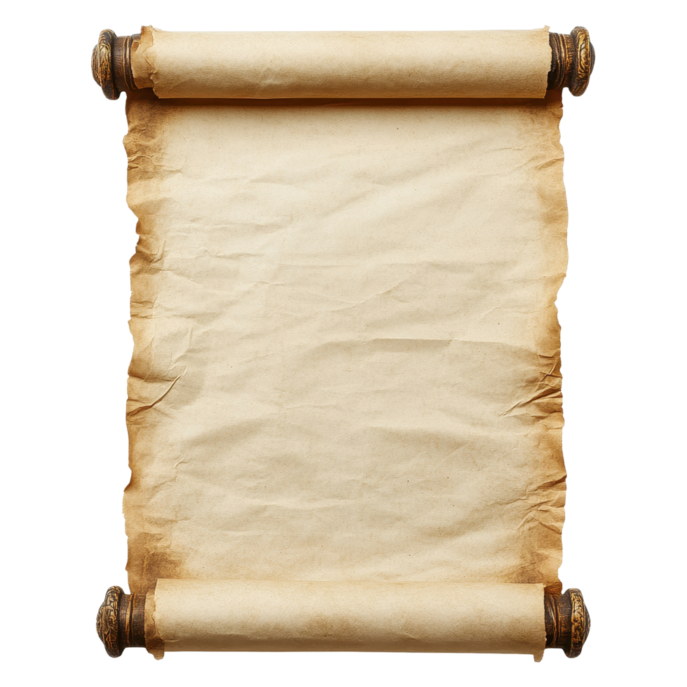 Old paper scroll isolated on Transparent background with decorative ends offering a vintage appearance, Old paper scroll isolated on background png