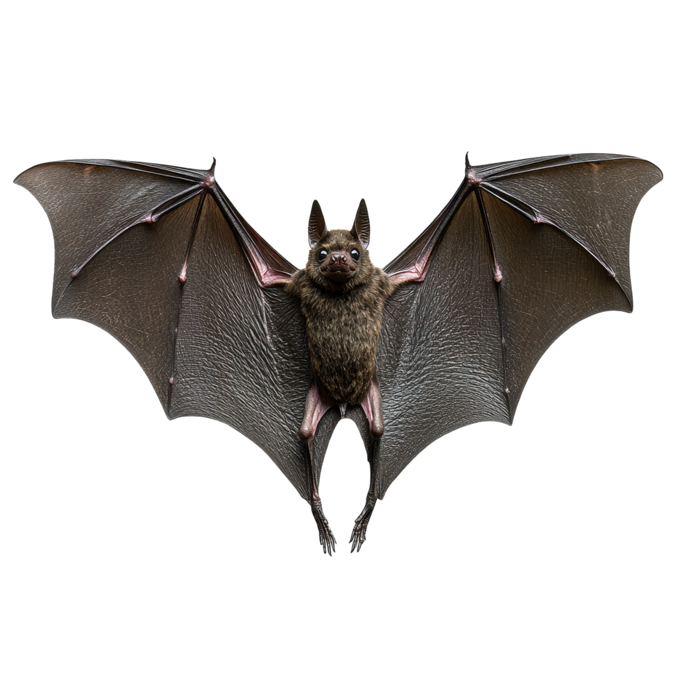 Flying bat illuminated against a white background showcasing its wings and body details, Flying bat isolated on white background png