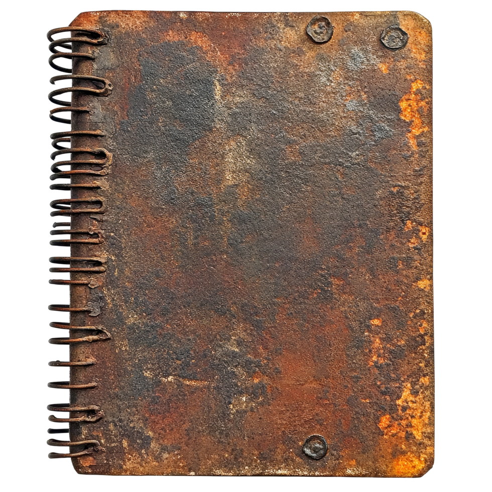 Rusty spiral notebook resting on a Transparent background showcasing its aged and weathered texture in detail, Old Rusty Spiral Notebook, background png
