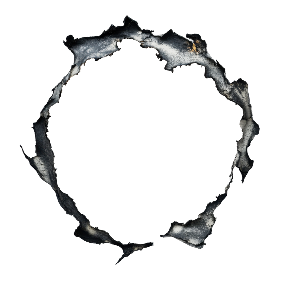 Closeup view of a burnt hole in paper revealing charred edges against a plain Transparent background, CloseUp View a Burnt Hole in a Paper png