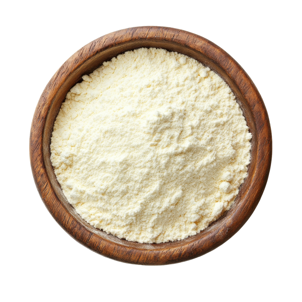 Milk powder in a wooden bowl viewed from above on a clean Transparent background, Milk powder in wooden bowl top view background png