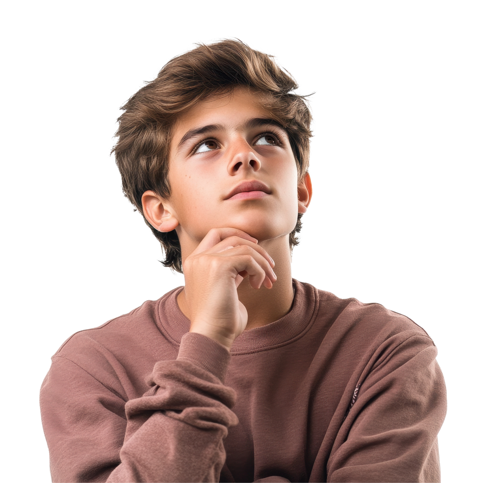 Teen boy lost in thought pondering over ideas against a plain Transparent background, Teen boy thinking isolated on white png