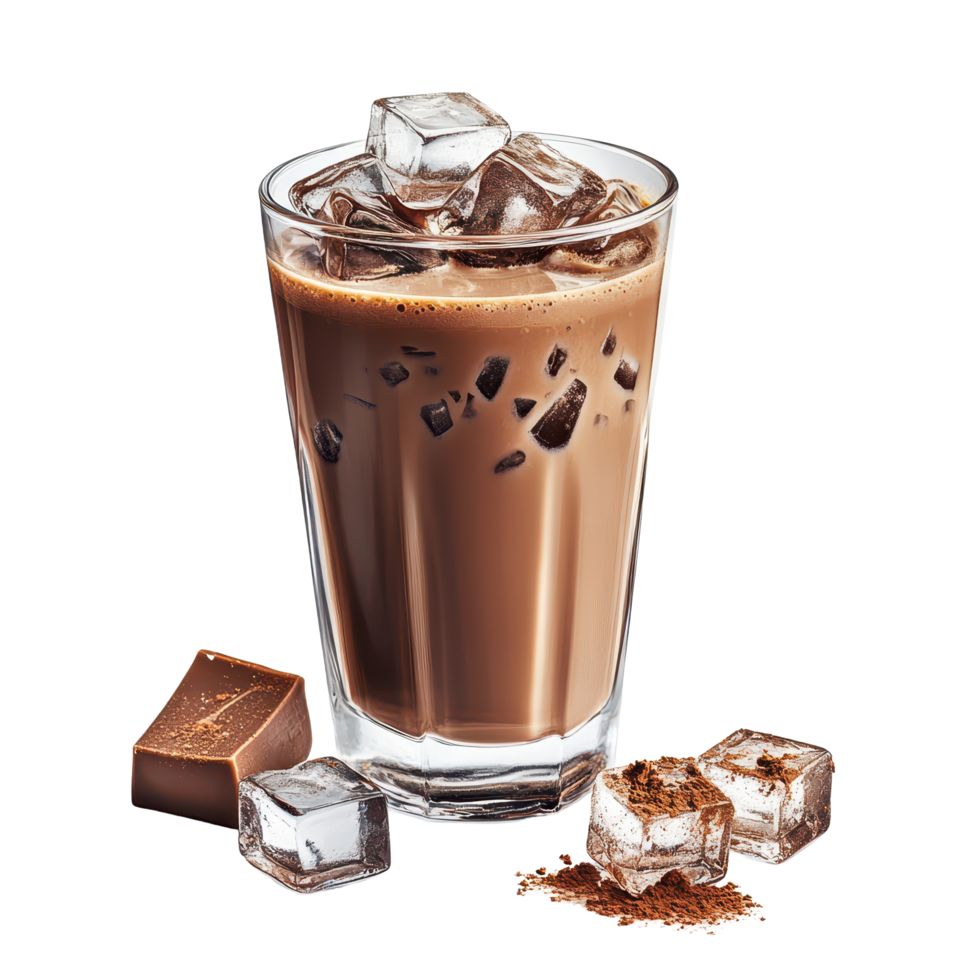 Refreshing glass of cocoa with ice cubes on a white background for summer enjoyment, Glass Cocoa with Ice Cubesisolated on white background png