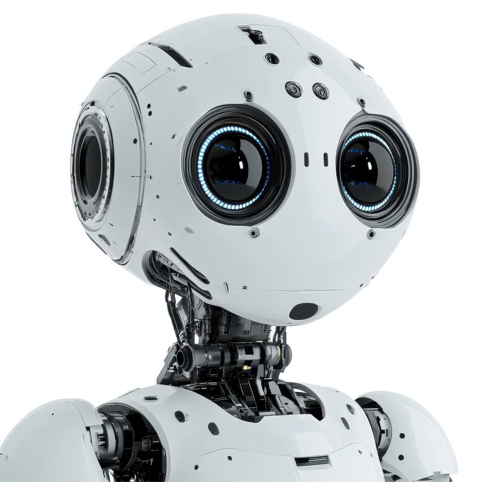vicino su di un' futuristico robot con grande espressive occhi su un' trasparente sfondo, vicino su un' robot con Due occhi, sfondo png