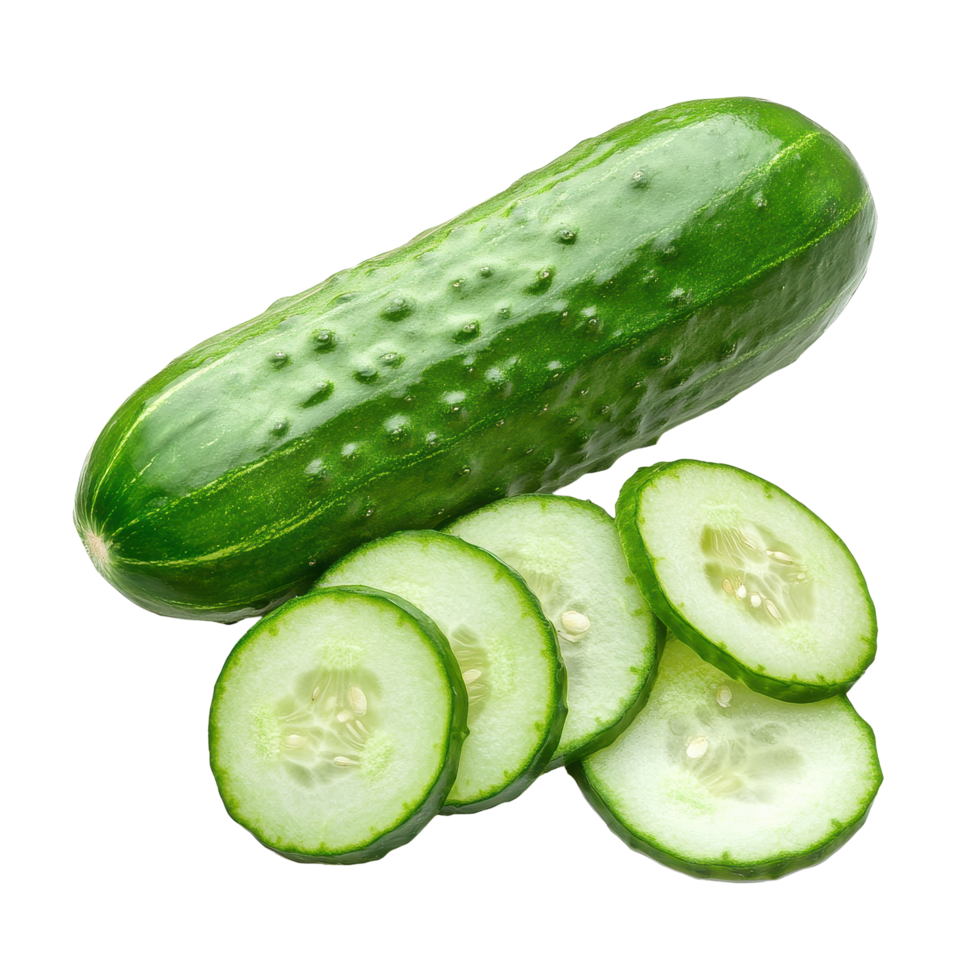 Fresh cucumber with slices displayed on a Transparent background for culinary and health presentations, Cucumber and slices isolated background png