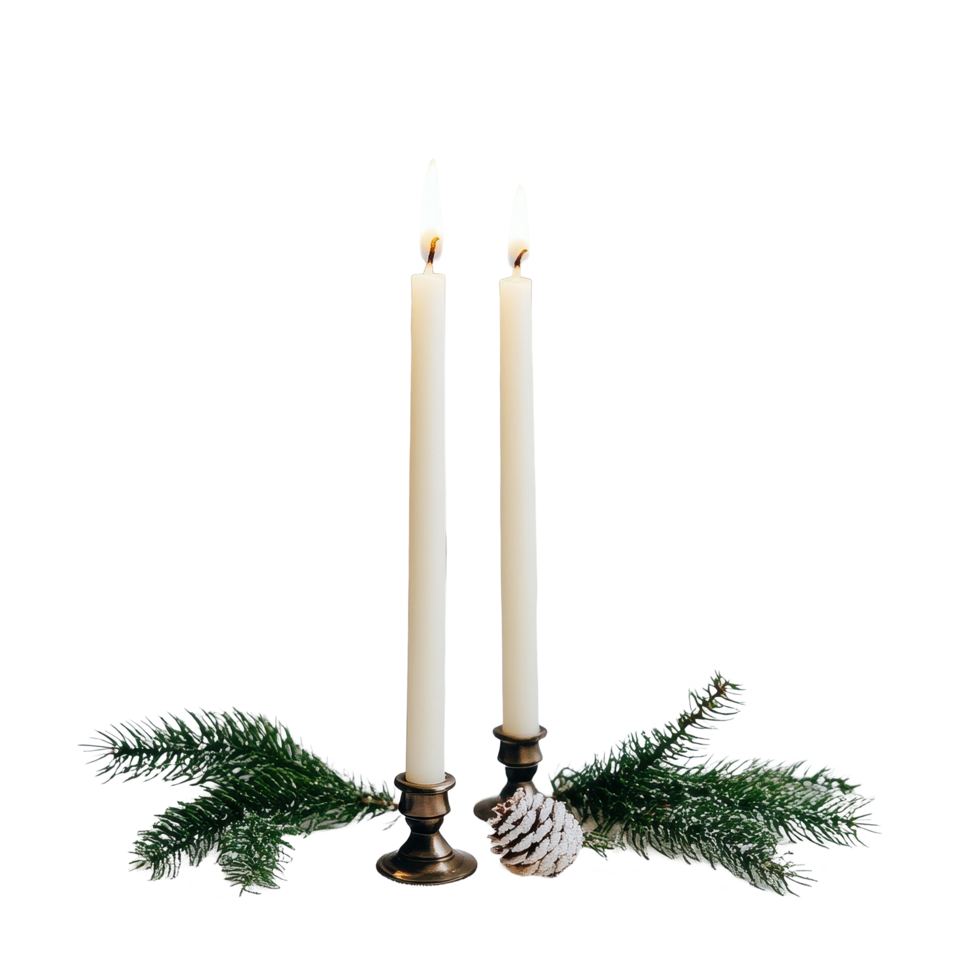 Minimalist Christmas candles with pine greenery and a pinecone on a Transparent background, Minimalist Christmas Candles on background png