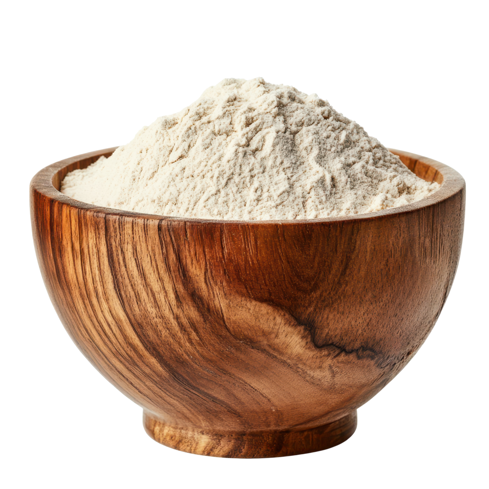 Wooden bowl filled with flour isolated against a Transparent background for culinary uses, Wooden bowl flour isolated on background png