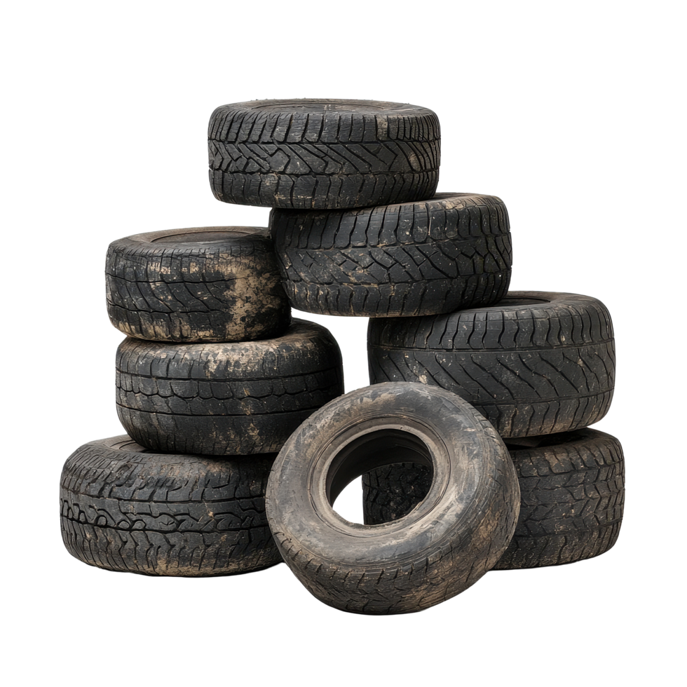 Stacked old and dirty tires on a Transparent background showcasing wear and age in a simple display, old dirty tire stacks isolated on background png