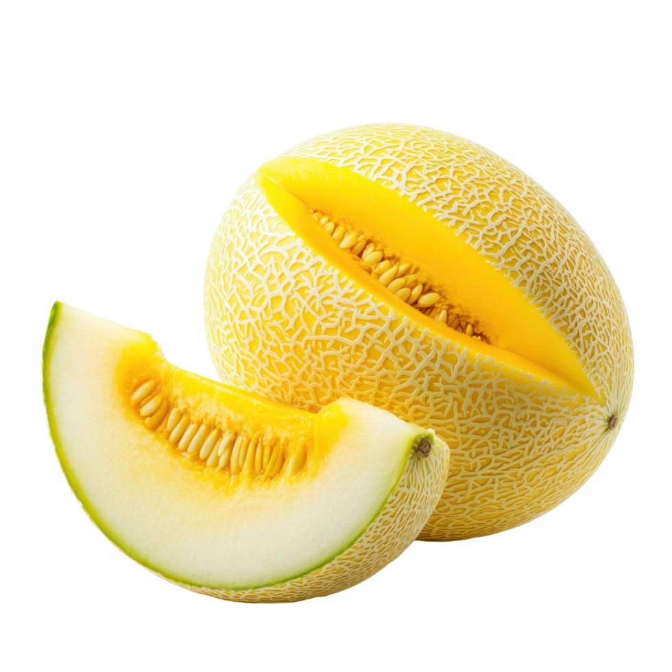 Yellow melon with a sliced piece showcasing its juicy interior against a Transparent background, Yellow melon isolated on background png
