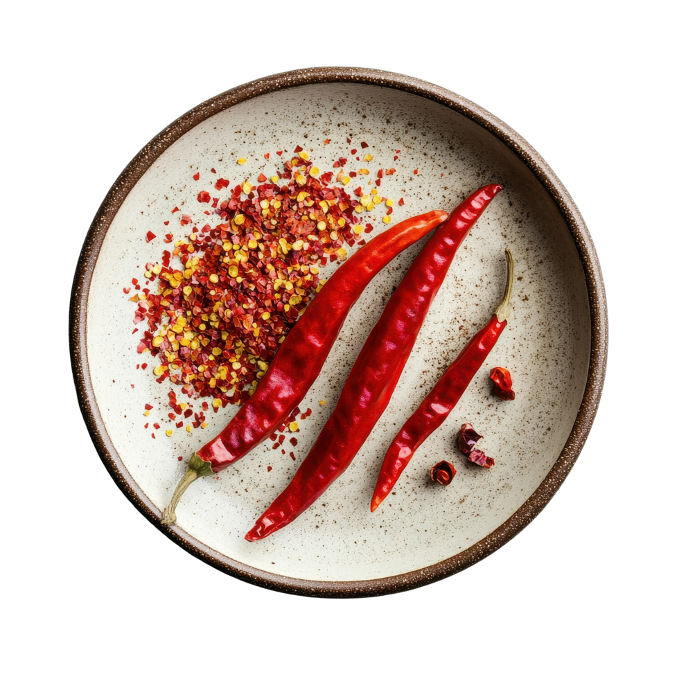 Cayenne pepper and flakes presented on a textured plate against a clean white background, Cayenne pepper in a plateisolated on white background png