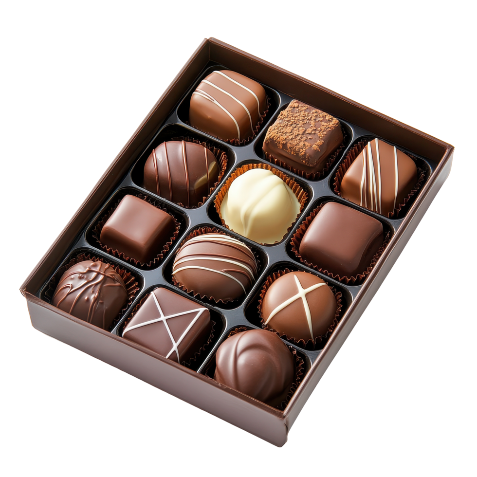 Decadent box of assorted chocolates on a white background, perfect for any sweet occasion or gift, Box Chocolates isolated on white background png
