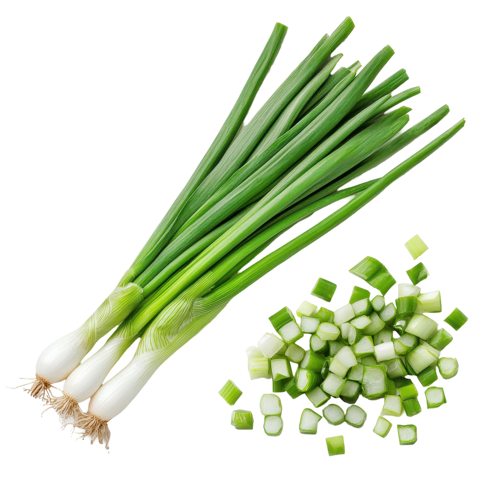 Fresh cut green onions on a white background showcasing vibrant green stalks and finely chopped pieces, fresh cut green onions isolated on white background png