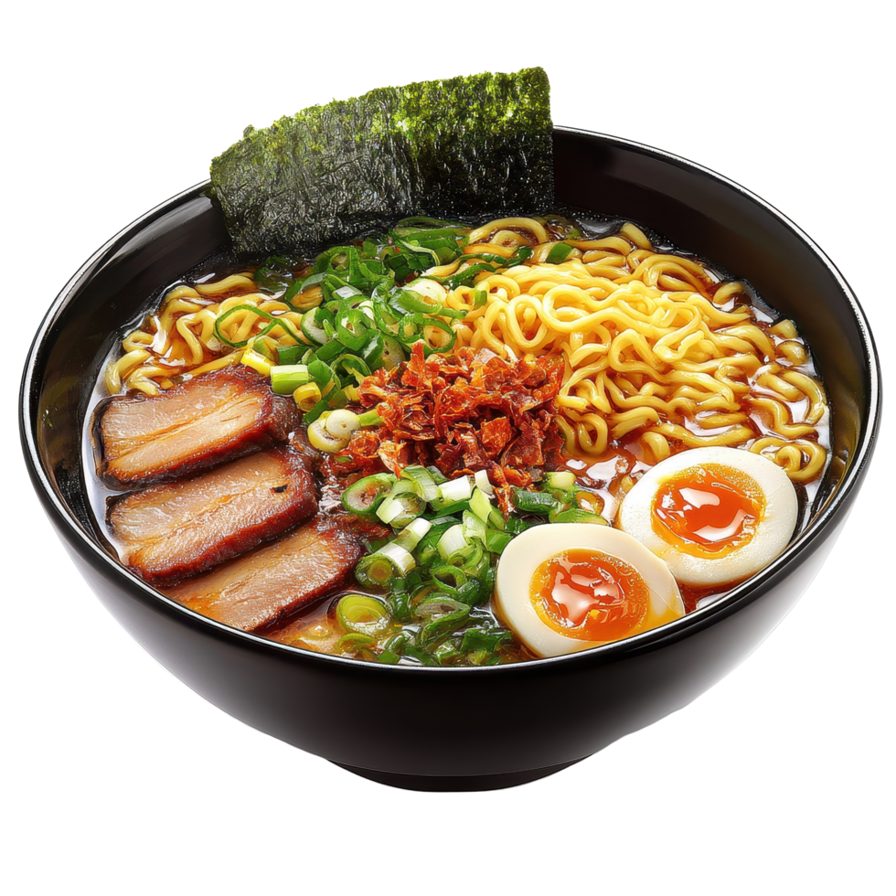 Delicious ramen bowl with pork, softboiled egg, and green onions on a Transparent background, Delicious ramen bowl isolated on background png