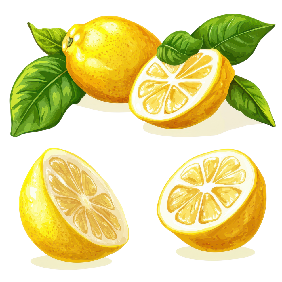 Fresh and juicy lemons with vibrant green leaves showcasing whole and sliced fruit, ripe lemon fruit half and slices isolated, Fresh and Juicy LemonTransparent background png