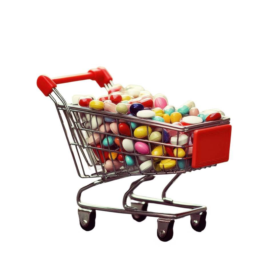 Shopping cart filled with colorful pills and tablets on a cobblestone path in bright daylight, Pills and Tablets in a Shopping Cart png