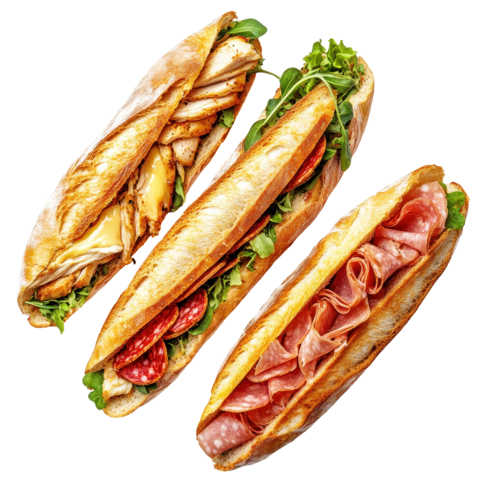 Enjoy delicious ham cheese chicken and salami sandwiches in a fresh baguette for a tasty meal option, Ham Cheese, Chicken, and Salami Sandwiches Baguette on white background png
