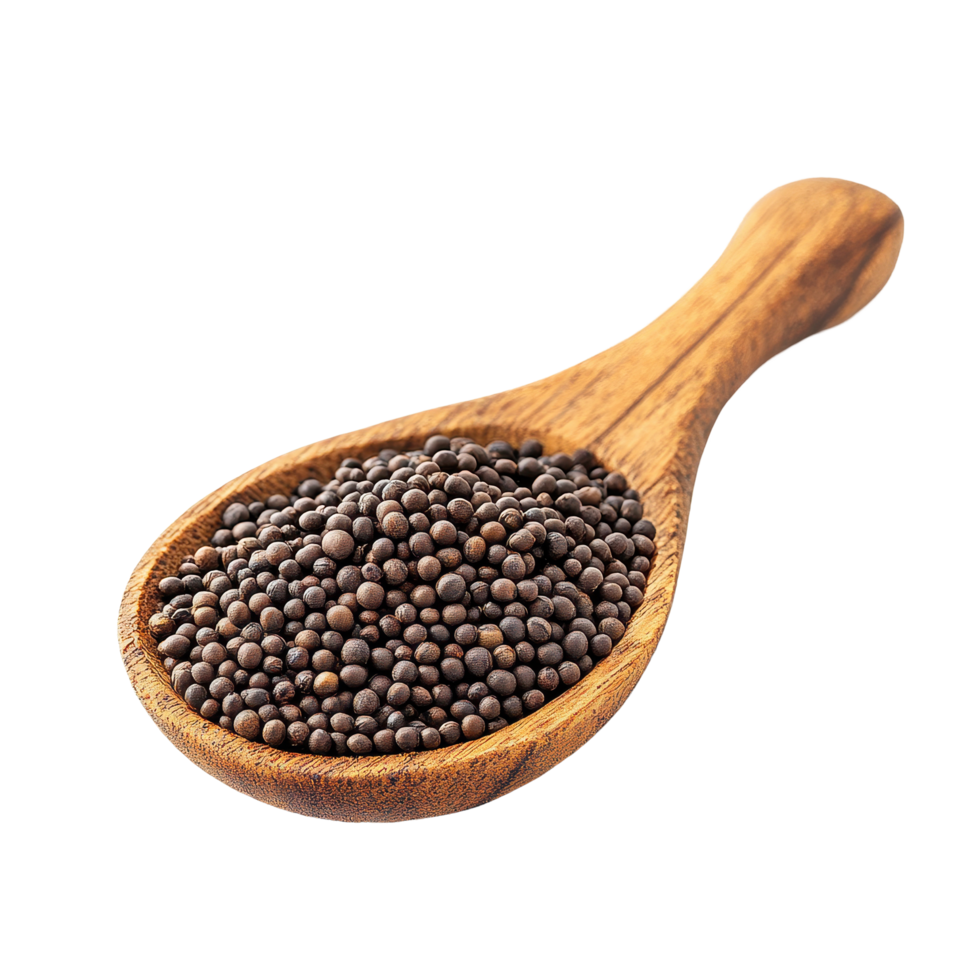 Mustard seeds in wooden spoon on Transparent background ready for culinary use and seasoning applications, mustard seeds in wood spoon isolated on background png