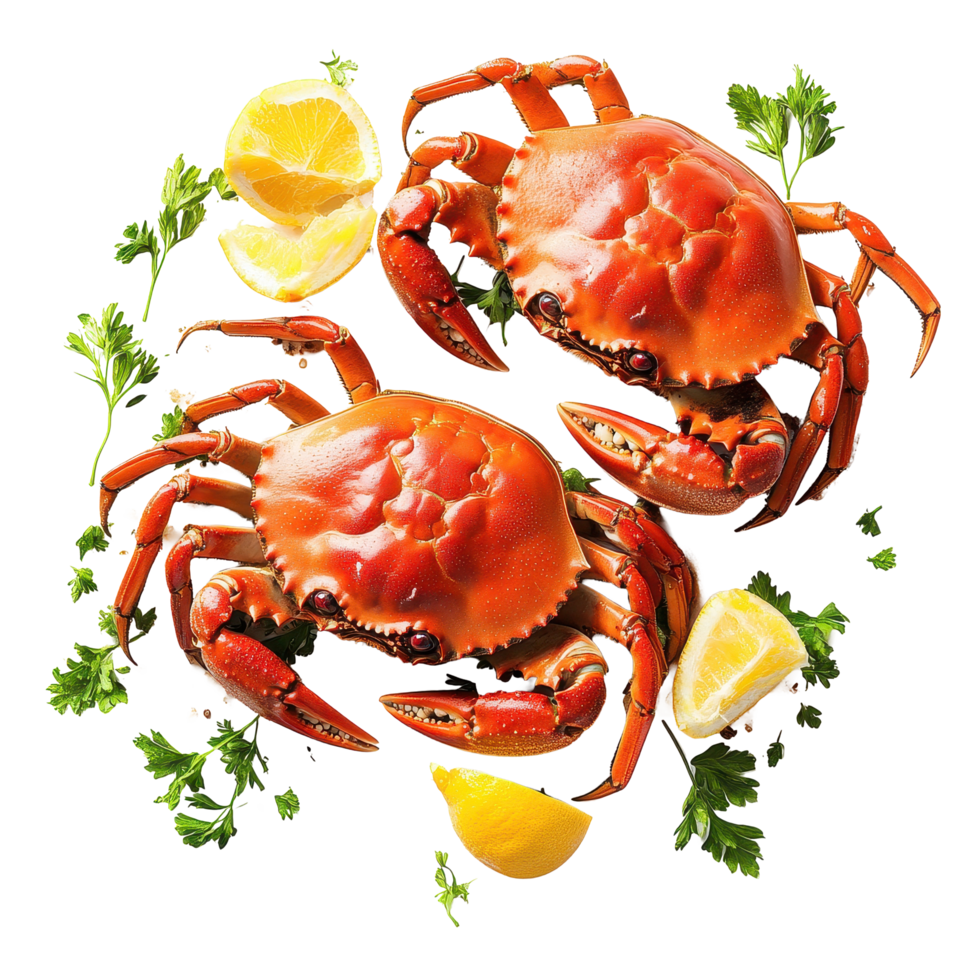 Juicy boiled crabs garnished with lemon and herbs on a white background for seafood lovers, Boiled crabs preparedisolated on white background png