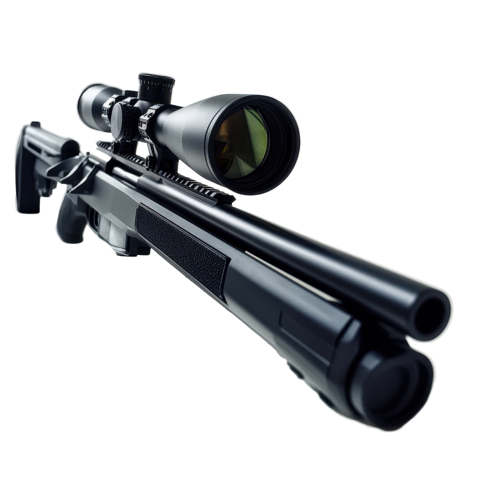 Scope Mounted rifle with detailed optics on a Transparent background highlighting precision and design elements, Scope mounted rifle with detailed optics, background png