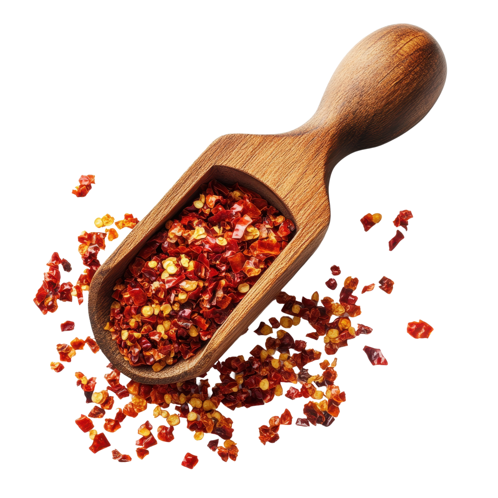Crushed red chili pepper in wooden scoop on Transparent background for culinary use, Crushed red chili pepper in wood scoop isolated on background png