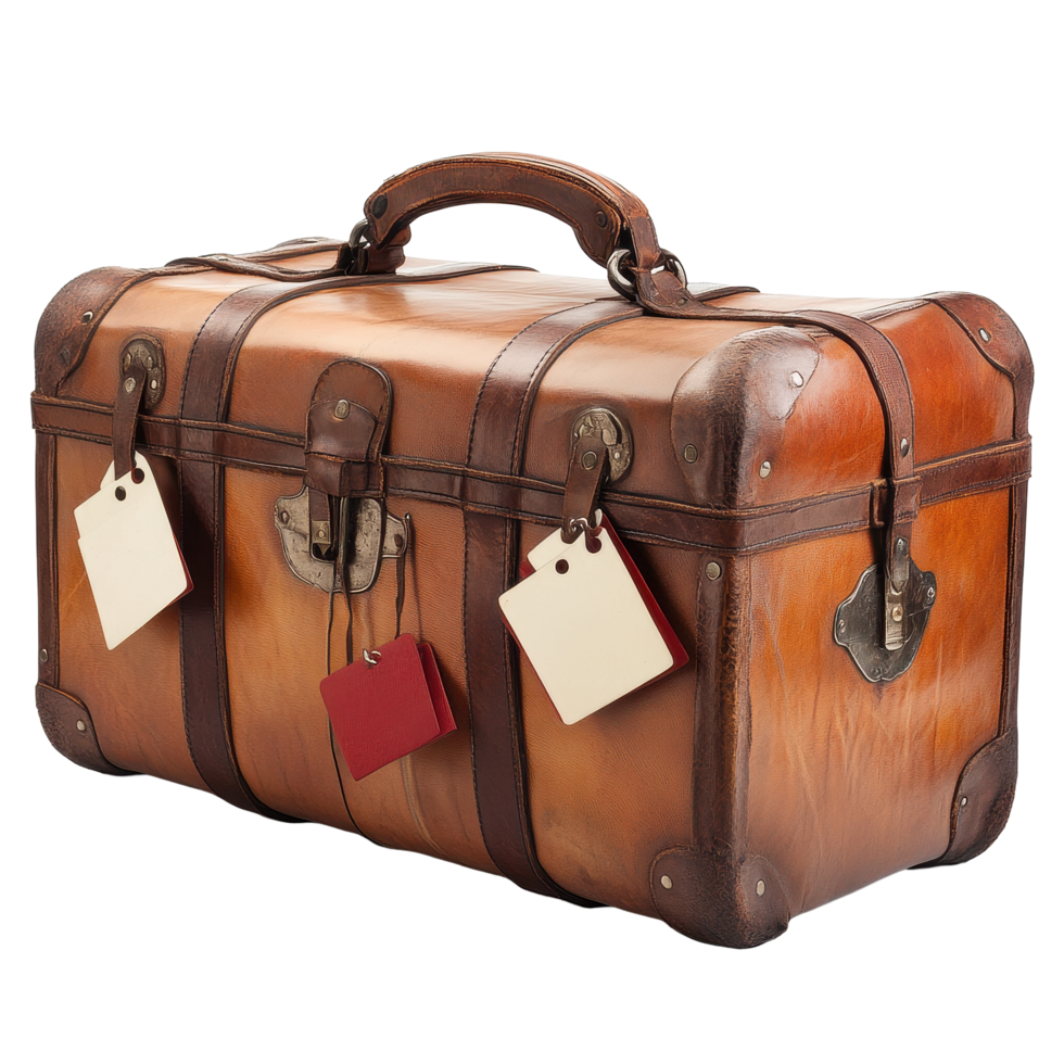 Leather trunk featuring brown ribbon and distinctive white and red tags for travel organization, Leather Trunk with Brown Ribbon White and Red Tags Shiny Metal Straps, Transparent background png