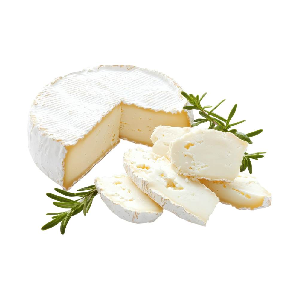 Soft cheese slices arranged on a Transparent background with fresh herbs for a culinary presentation, Sliced soft cheese isolated on background png