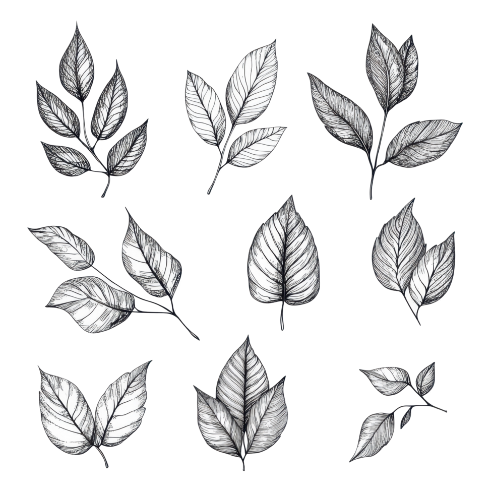 Handdrawn leaves collection isolated on white background showcasing intricate details and textures, handdrawn leaves isolated on white background png