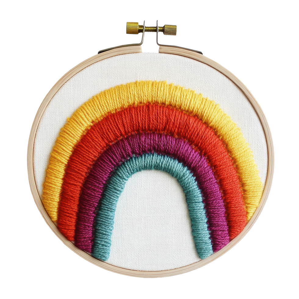 Colorful rainbow hoop art displayed against a Transparent background with vibrant stitching patterns, Colorful Rainbow Hoop Art png