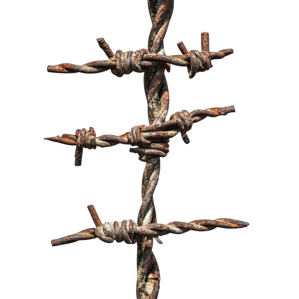 Rusty barbed wire isolated on a white background showcasing sharpness and intricacy, Isolated Barbed Wire on white background png