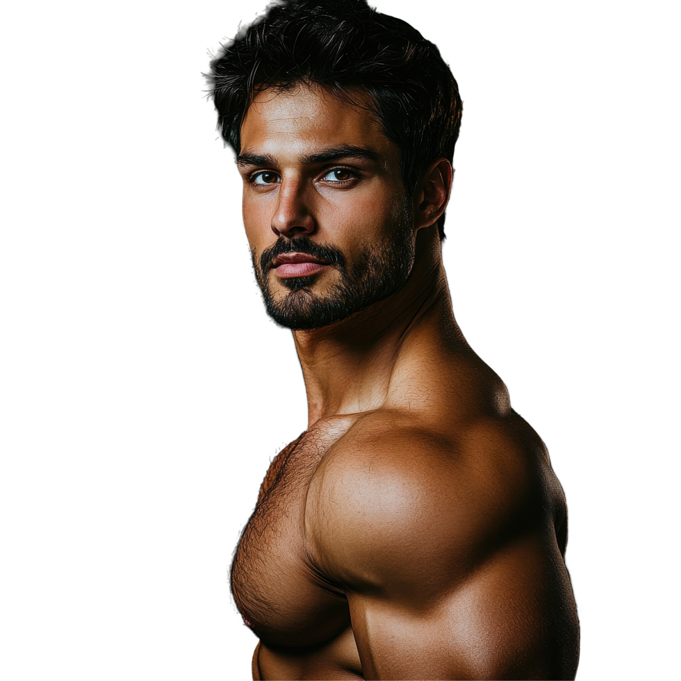 Handsome muscular man striking a pose with a serious expression against a dark background, Portrait a handsome muscle man posing isolated on background png