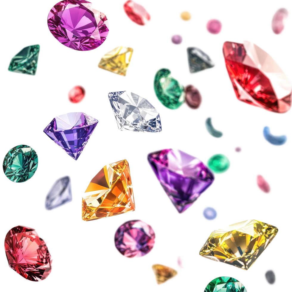 Colorful diamonds floating in the air create a stunning visual spectacle of elegance and beauty, various colorful of diamonds floating on the air isolated Transparent background png