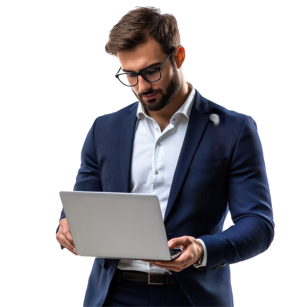 Handsome businessman working intently on laptop in a modern office environment with a professional demeanor, Portrait young handsome businessman using laptop isolated on Transparent background png