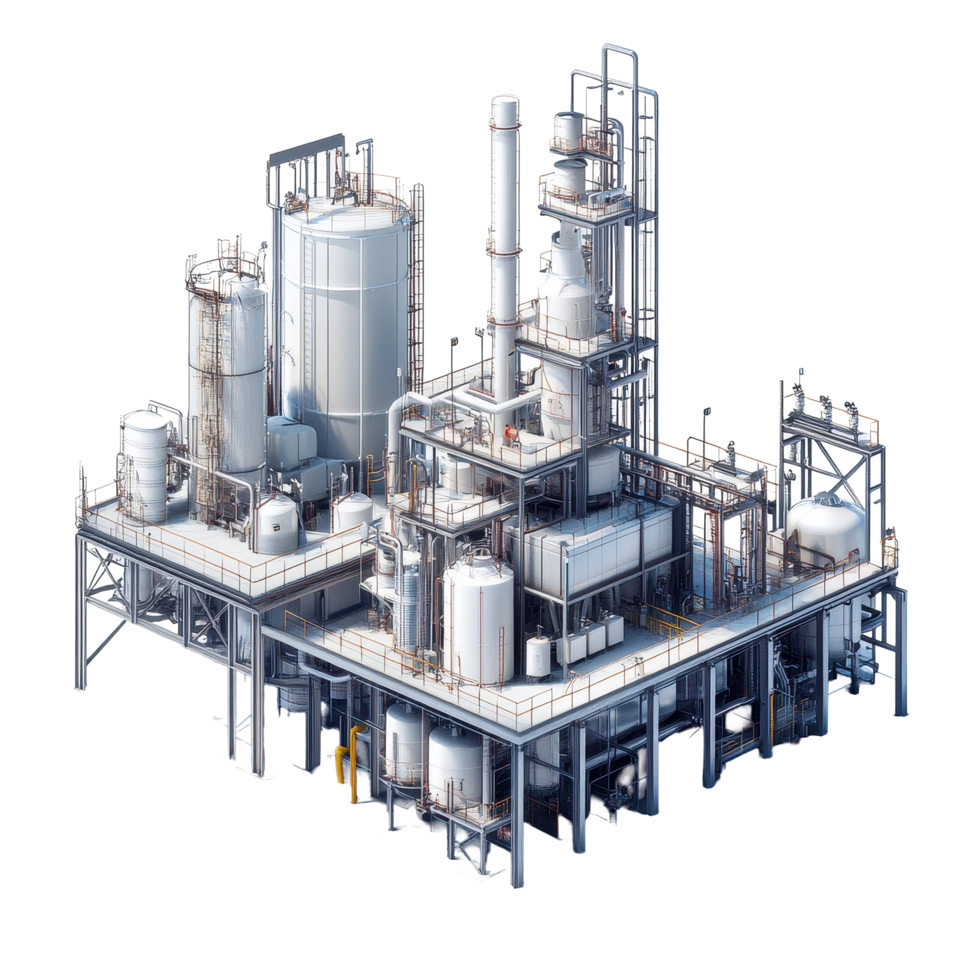 Industrial chemical plant showcasing advanced manufacturing processes in a modern facility, Industrial Chemical Plant Advanced Manufacturing Processes, white background png